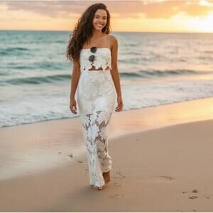 NWT Rumer Tropez White Lace Bridal Beach Wedding Maxi Skirt and Crop Top Size XS